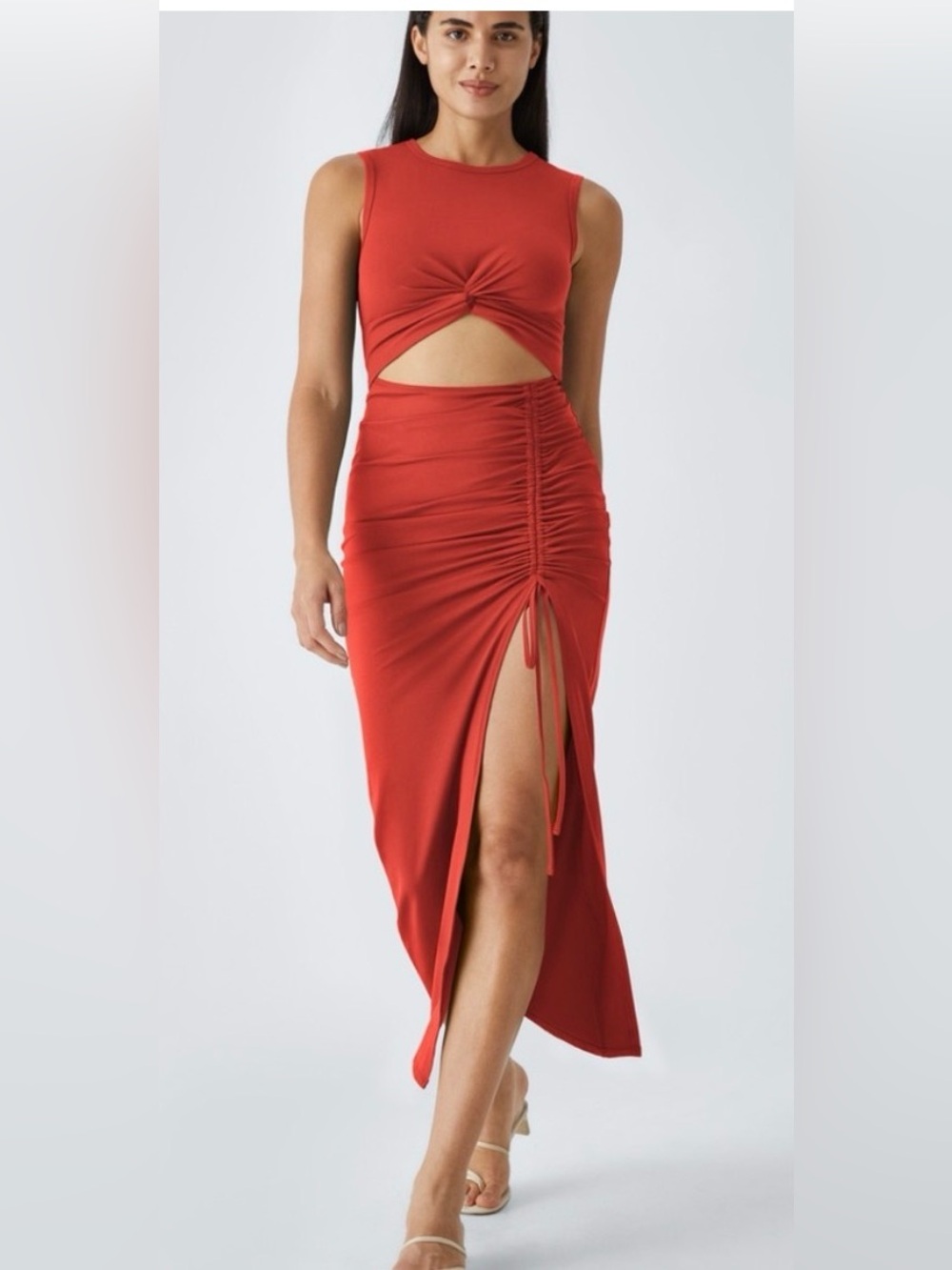 HALARA Red Ruched  Cut Out Side-Slit Midi Dress